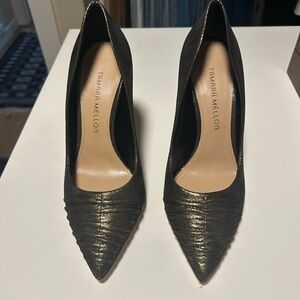 Tamara Mellon Metallic Gold/Black Pointed Toe Pumps